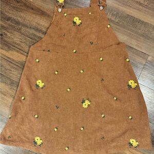 SHEIN Jumper Dress Women's 1XL Brown Yellow Floral Corduroy NWT Front Pocket